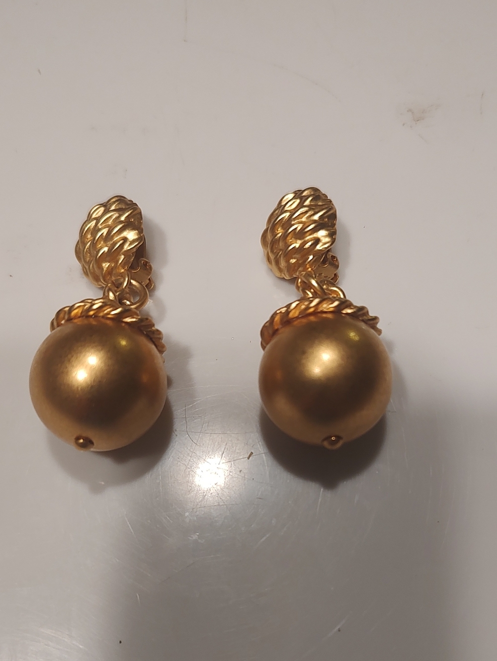 Anne Klein Vintage Signed Matte Gold Drop Ball Designer Clip-On Earrings